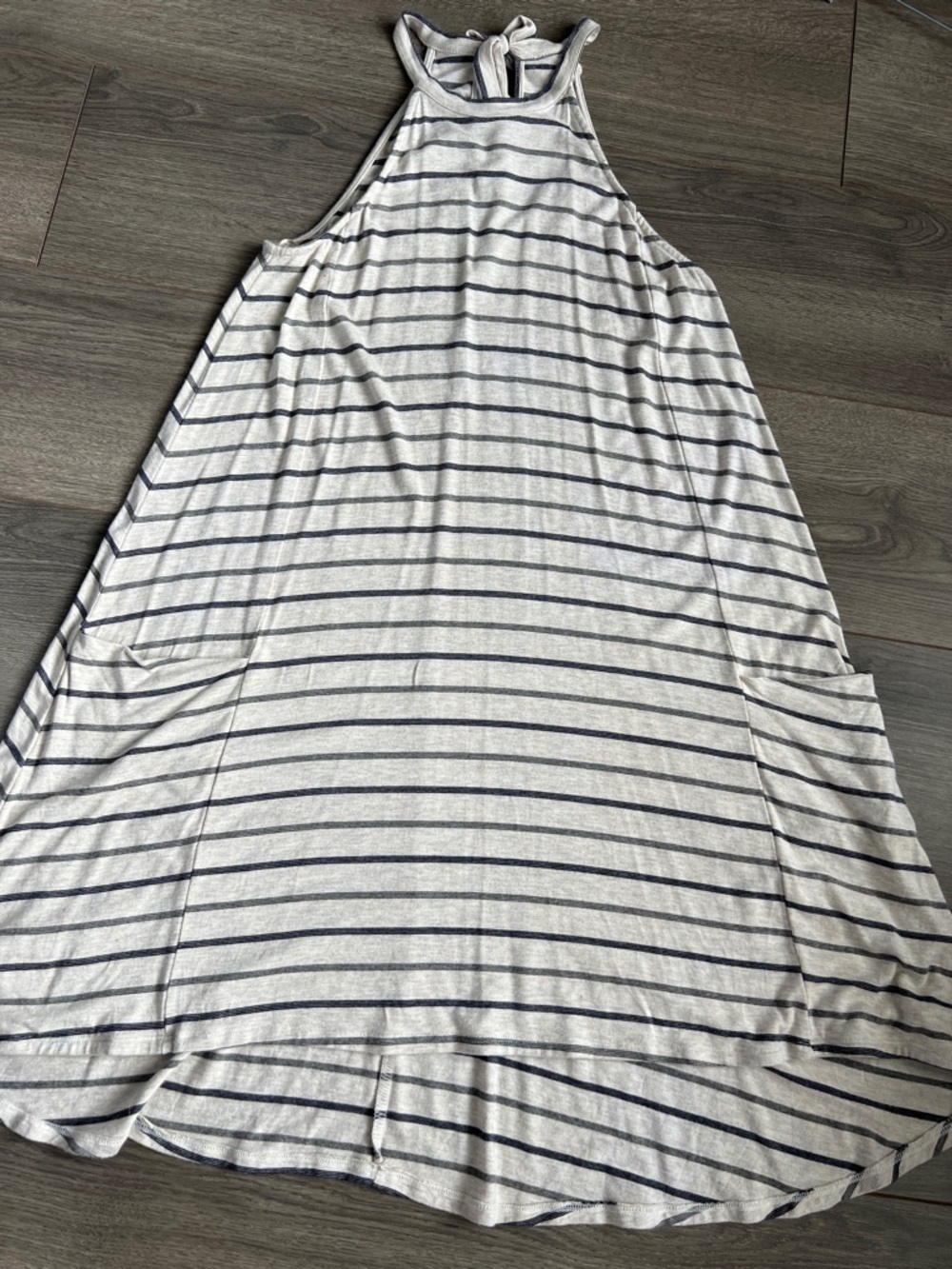 Boho Sleeveless Striped Racer back hi Lo Dress - Beige & Navy